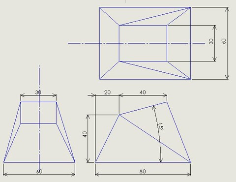 三角形法、上が斜めの長方形、下も長方形、三面図
